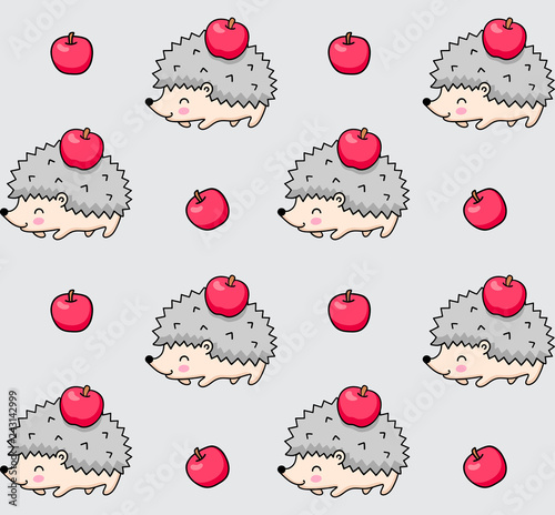 Seamless pattern of spiky hedgehogs with red apples.