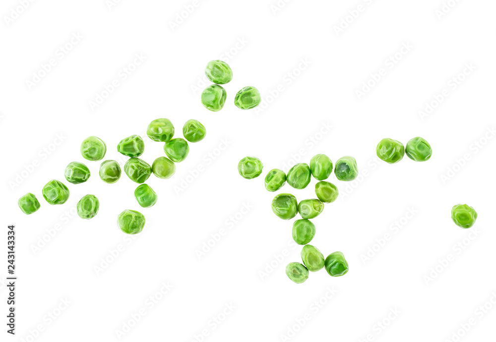 Green peas isolated on white background, top view.