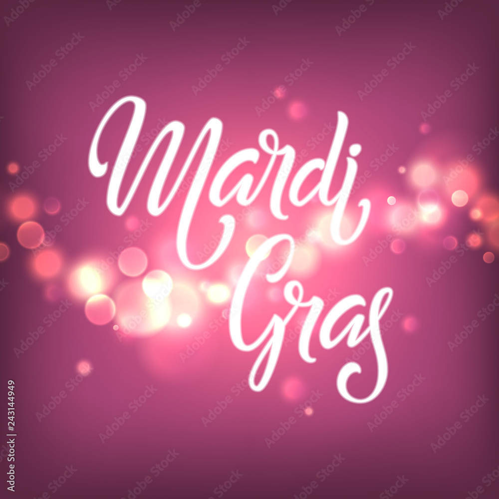 Mardi gras neon lettering logo on blurred purple background. Fat tuesday greeting card with handwritten text and shiny background.