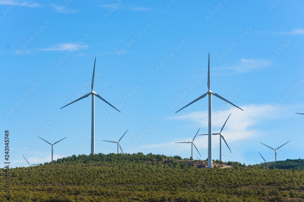 wind turbines in the field against blue cloudy sky, electric generators in countryside wind turbines in the field against blue cloudy sky, electric generators in countryside