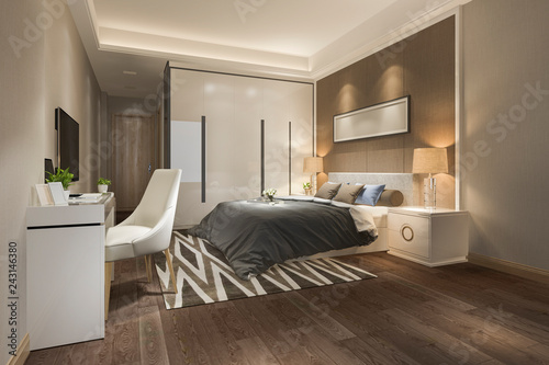 3d rendering beautiful luxury bedroom suite in hotel with tv