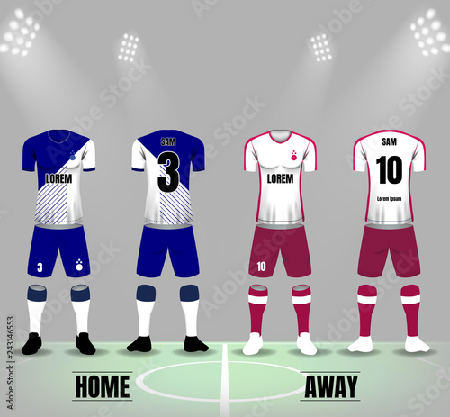 White and blue soccer jersey for home team and white and brown jersey for away team on soccer field