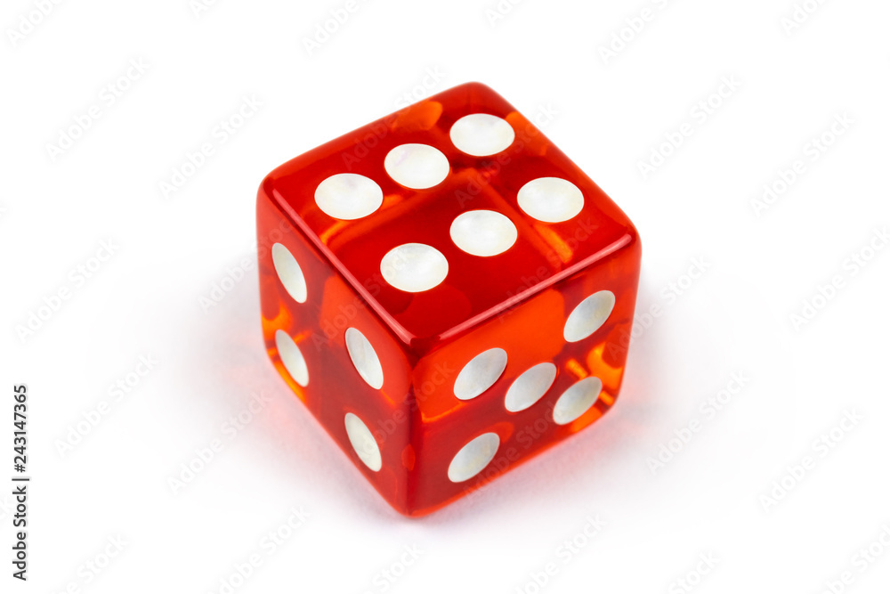 Red glass game dice closeup isolated on white. Six with shadow. Red glass game dice closeup isolated on white. Six with shadow.