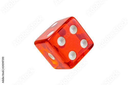 Red glass dice closeup isolated on white without shadow.