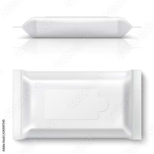 Wet wipes flow pack. Realistic white baby wipe packaging 3D empty blank pillow pack mockup plastic tissue box. Vector design template