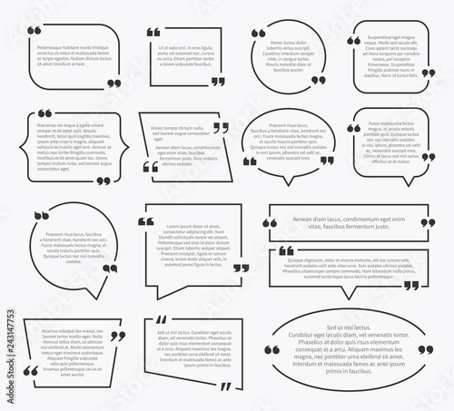 Quote boxes. Quotation sentence box design, idea paragraph marks comment sentencing mention description bubbles with commas vector set