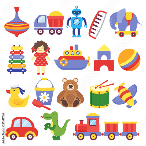 Kids toys. Game toy peg-top teddy bear drum yellow duckling dinosaur rocket childrens cubes robot. Baby toddler toy cartoon vector