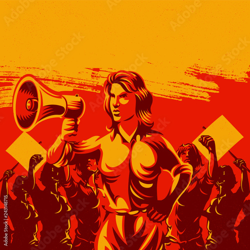 Woman holding megaphone with large crowd of women with their hands raised in the air propaganda style illustration. Retro revolution poster design.