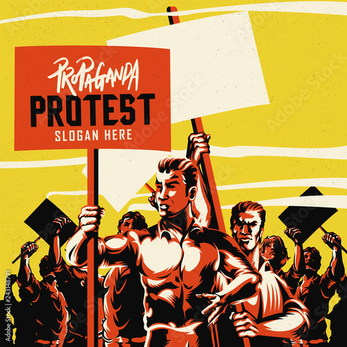 Men holding blank placard with large crowd of people with their hands raised in the air vector illustration. Political protest activism patriotism. Revolution raising the flag.