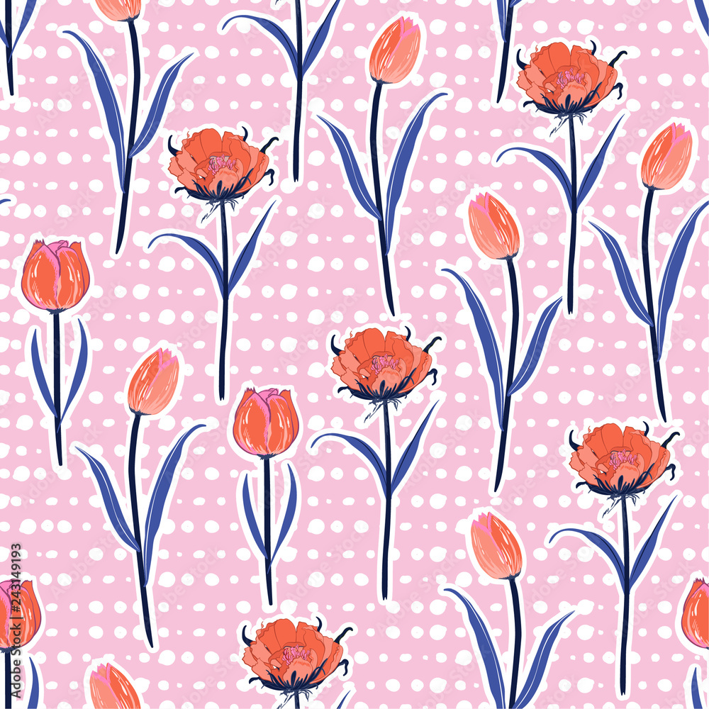 Soft and gentle Seamless hand drawn pol kadots pattern with fresh orange blooming tulip flowers background. Vector summer design for fashion fabric Soft and gentle Seamless hand drawn pol kadots pattern with fresh orange blooming tulip flowers background. Vector summer design for fashion fabric