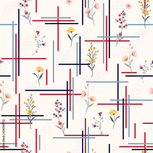 Light and gentle Seamless pattern delicate meadow many kind of  flowers vector with check or grid check