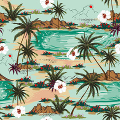 Papier peint photo Paysage patrons Plage hawaïenne palmiers océan tropical  © MSNTY_STUDIOX