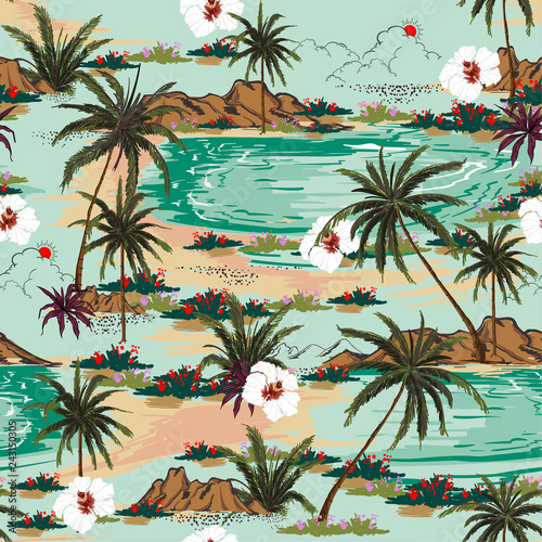 Bright summer hawaii  seamless island pattern vector. Landscape with palm trees beach and ocean vector hand drawn style