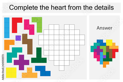 Puzzle game with colorful details for children, complete the heart, hard level, education game for kids, preschool worksheet activity, task for the development of logical thinking, vector illustration