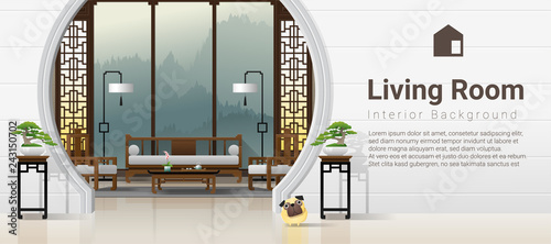 Luxury living room interior background with furniture in Chinese style , vector , illustration