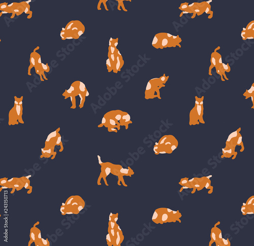 Simple and cute minimalist shaped cats in different positions. Seamless pattern ready to use, with blue background. Hand drawn background kittens for fashion, textile, wrapping paper and wallpaper