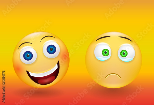 A happy face emoticons and a little sad face emoticons with a slight frown on a yellow background. Funny cheerful and sad kids. Vector