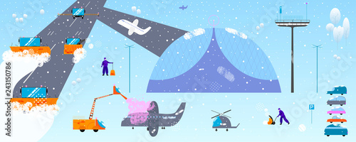 Snow and ice removal concept. Snow plow machines, equipment and tiny people in modern cartoon flat style