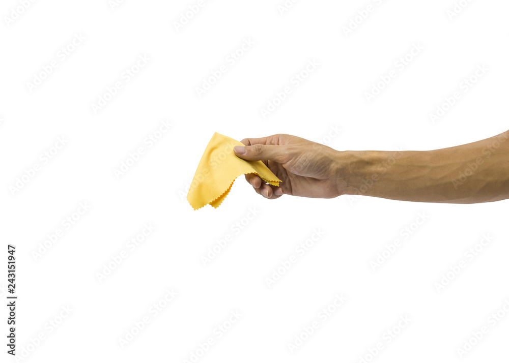 A cropped of man hand holding fiber fabric isolated on white background.