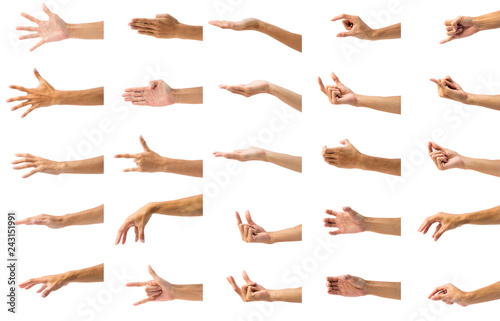 Collection of man's hand gesture isolated on white background.