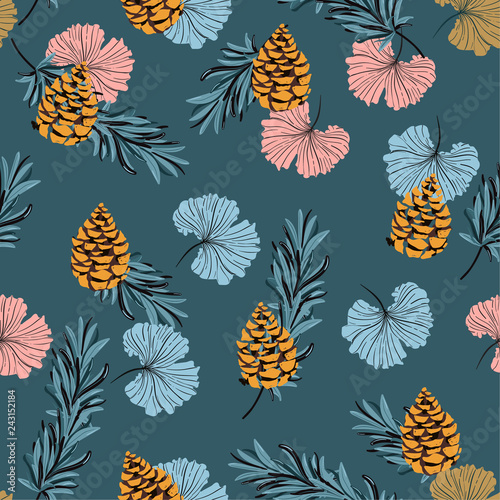 Pastel sweet Autumn brown ginko leaves and pine nuts in scatter seamless pattern vector repeat  in hand drawn style for fashion fabric,and all prints
