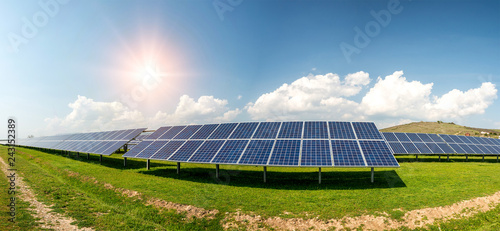 Panoramic view of solar panels  photovoltaics  alternative electricity source - concept of sustainable resources