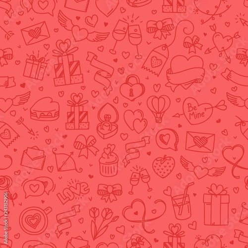 Valintaines Day red seamless background. Valentines day doodle vector elements