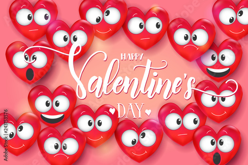 Valentines day card with 3d Love Emoji on pink background. Heart funny collection. Happy Valentine's Day - handwritten lettering quote. Vector. 