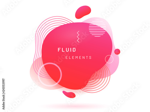 Red liquid blob with lines and circle. Coral abstract fluid spot as template for logo background. Crimson gradient aqua blotch for modern card design. Dynamical colored circles and lines in free shape