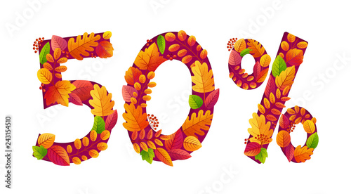 Vector autumn sale 50 percents off discount with orange fall leaves in number shapes