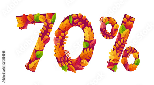 Vector autumn sale 70 percents off discount with orange fall leaves in number shapes