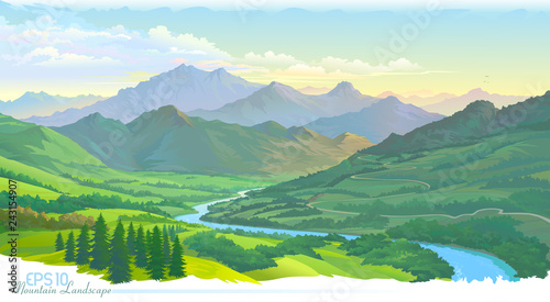 The mountains, the meadows, the green landscape and the river. Vector Image.