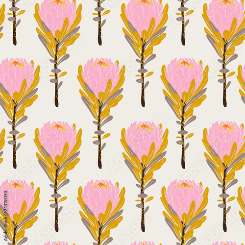 Pastel Vintage pink protea flowers in seamless pattern vector regular repeat for fashion ,fabric and all prints