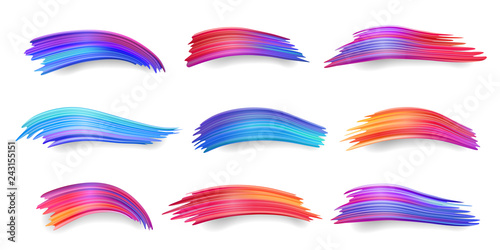 Set of isolated colorful brush strokes or gradient of cool and warm colors, watercolor smear or paint swab, abstract acrylic blue and purple, red paint brush daub.