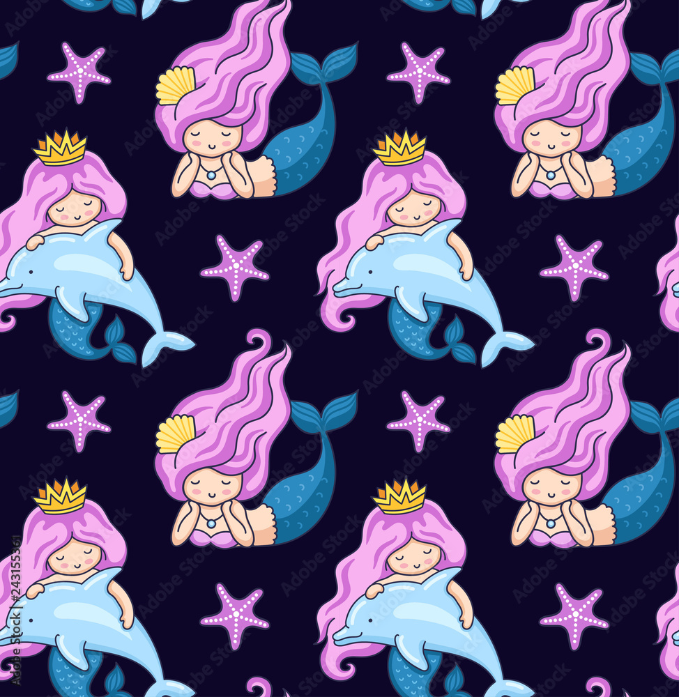 Seamless pattern with mermaid and dolphins on a dark blue background. Under the sea.