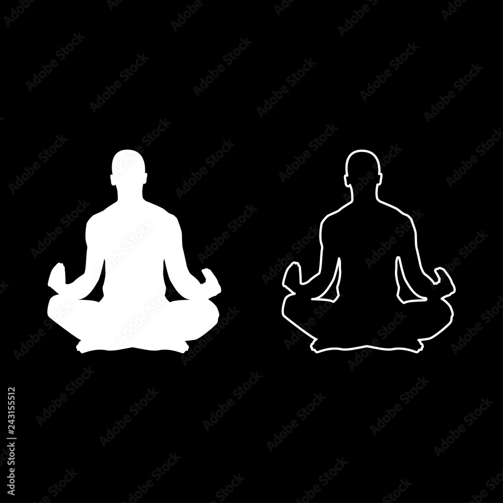 Meditating man Practicing yoga symbol icon set white color illustration flat style simple image Meditating man Practicing yoga symbol icon set white color illustration flat style simple image
