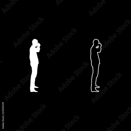 Man drinking from mug standing icon set white color illustration flat style simple image
