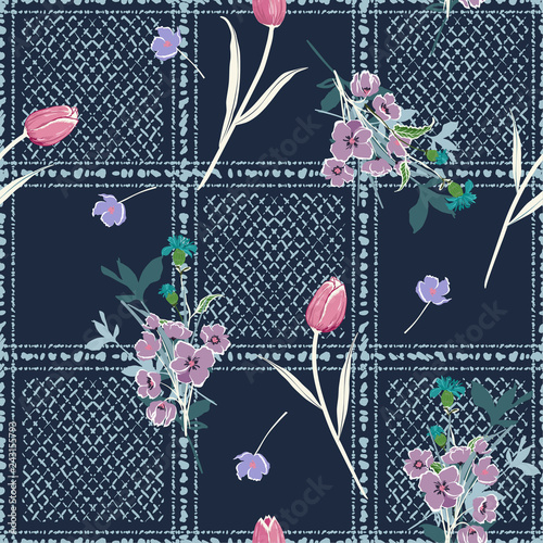 Dark Garden flowers on hand drawn window check or grid seamless pattern vector scatter repeat for fashion,fabric ,and all prints