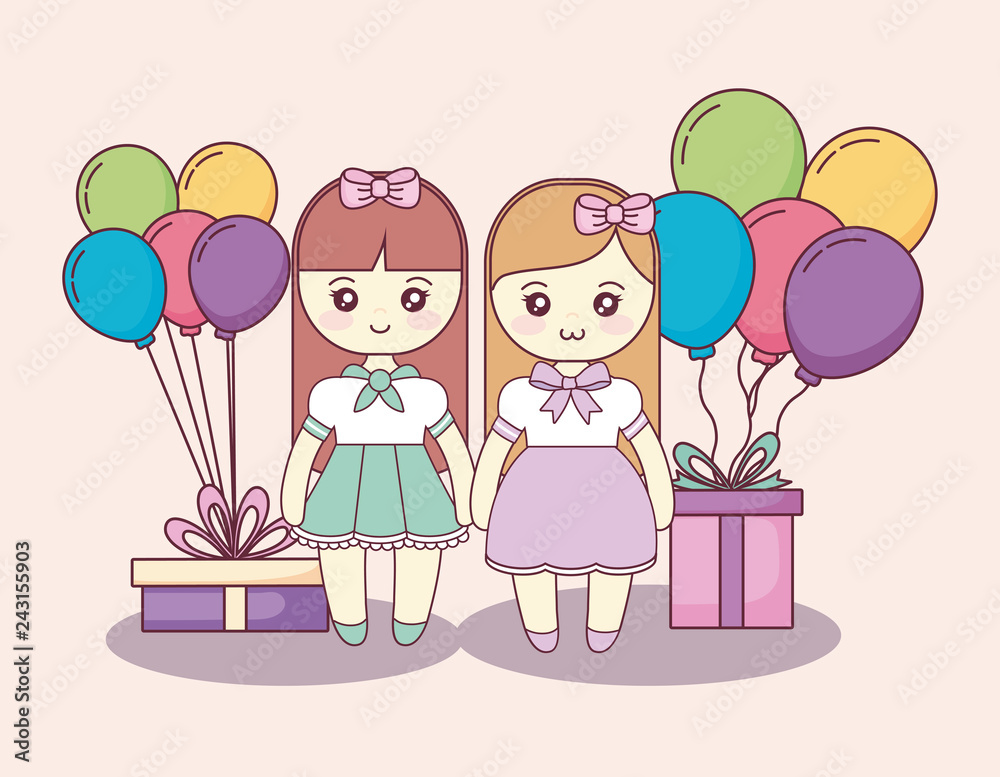 little girls with gifts boxes and balloons helium little girls with gifts boxes and balloons helium