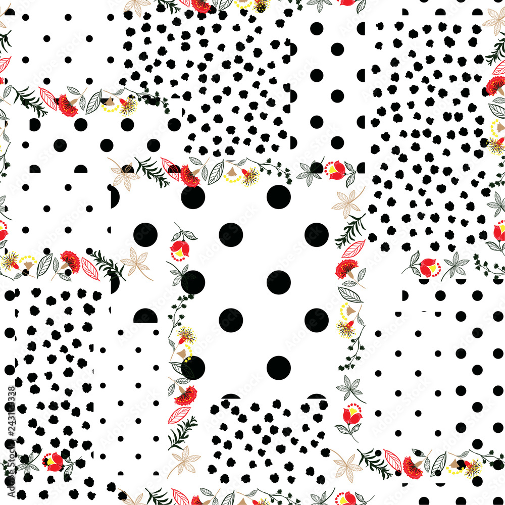 Black and white Polka dots pattern mix in different size of circle on top with liberty blooming flowers seamless pattern vector Black and white Polka dots pattern mix in different size of circle on top with liberty blooming flowers seamless pattern vector