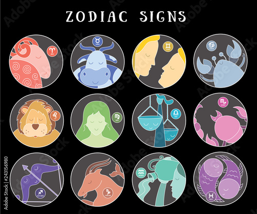 Zodiac signs: aquarius, libra, leo, taurus, cancer, pisces, virgo, capricorn, sagittarius, aries, gemini, scorpio. Astrological calendar collection, zodiacal color vector horoscope. Colorful elements