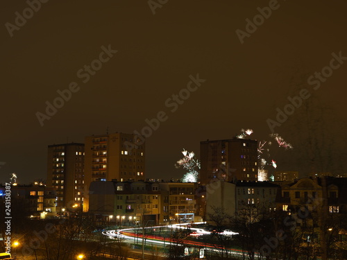 City on New Year's Eve in Poland, visible fireworks