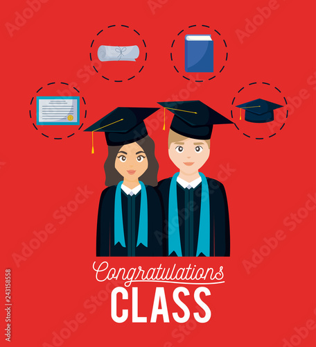 graduation celebration card with couple and set icons