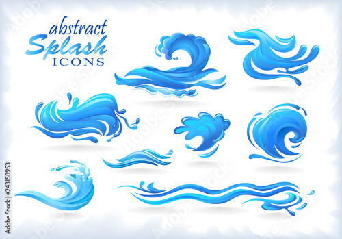 Abstract splash icons and wave patterns.