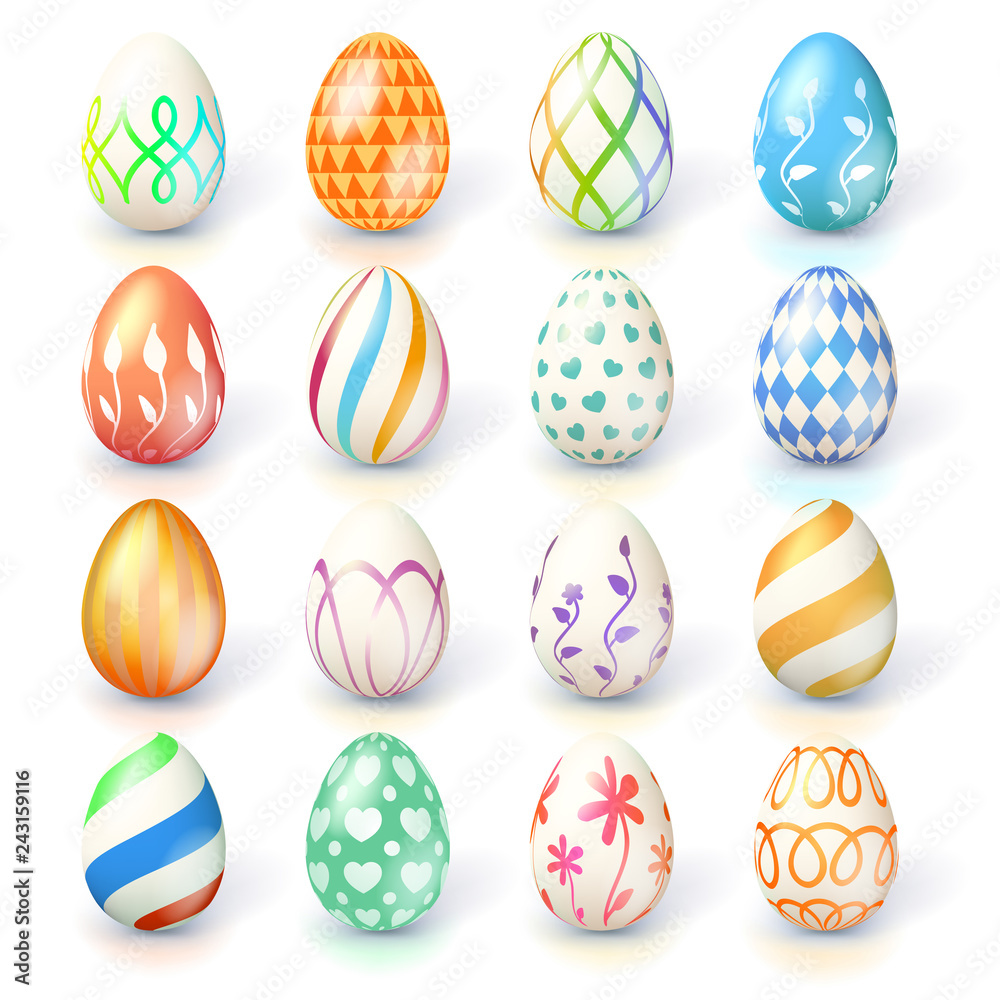 Set of Easter eggs isolated on white background. Hand made collection of Easter eggs with different textures and paintings. Realistic icons for spring, seasonal holidays