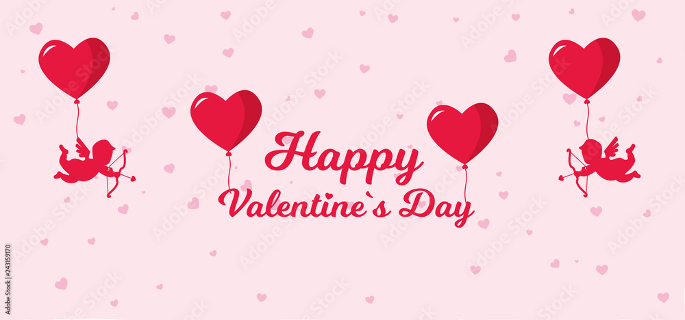 Valentine's day card with cupids balloons and a wish for a happy Valentine's Day on a pink background with hearts