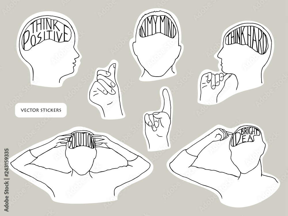Vector stickers design set. People and thoughts. Line icon. Thoughts in the head Vector stickers design set. People and thoughts. Line icon. Thoughts in the head
