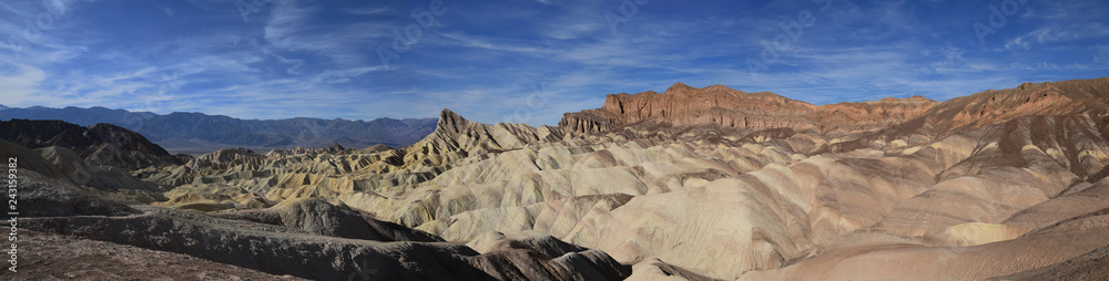 Panoramic view in the Death Valley National Park (Zabriskie Point): Manly Beacon and Red Cathedral Panoramic view in the Death Valley National Park (Zabriskie Point): Manly Beacon and Red Cathedral
