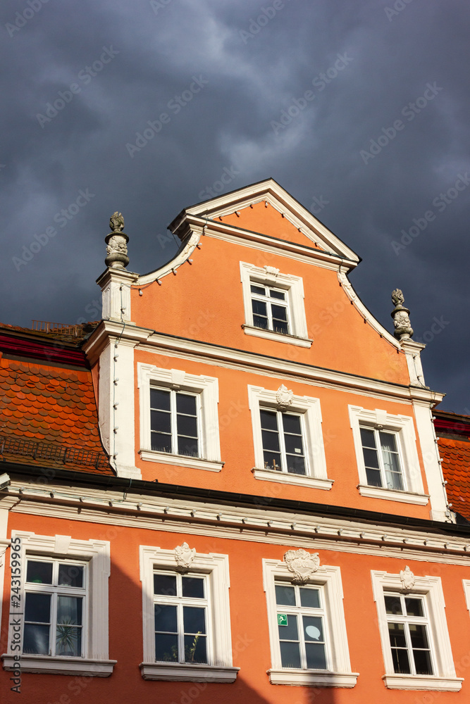 historical city facades on a stormy day