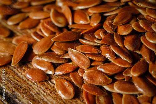 Flax seeds or linseeds. Extreme macro photography.